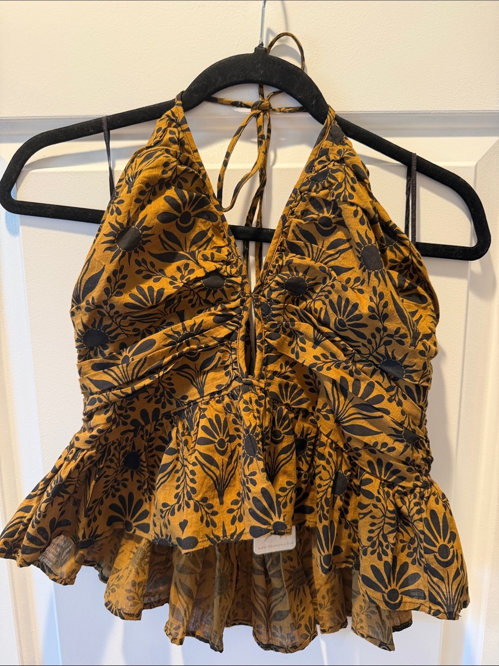 Free People Mustard/Brown and Black Floral Halter Peplum Camisole